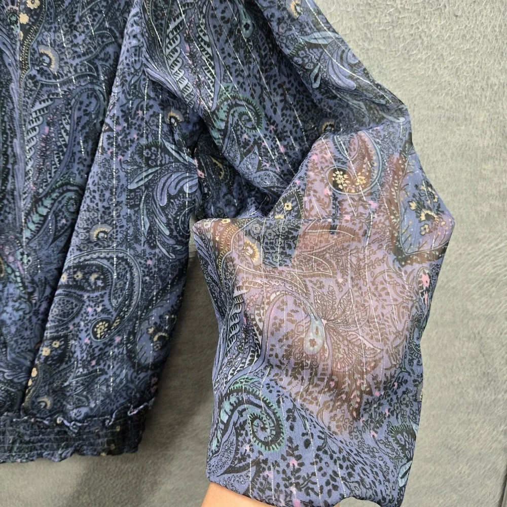 Lucky‎ Brand Women Blouse L Blue Paisley Sheer Chiffon Bubble Hem